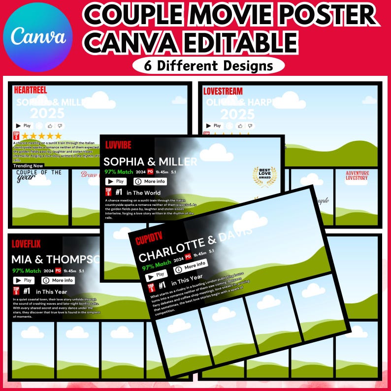 May include: A collage of six movie posters for romantic comedies. Each poster features a couple's names, a movie title, a streaming service logo, and a rating. The posters are set against a backdrop of a green hill and blue sky with white clouds.