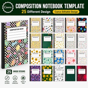 May include: A digital collection of 25 composition notebook templates featuring various patterns including flowers, checkered prints, and school supplies. Each notebook cover includes a white rectangular label with the text COMPOSITION BOOK.