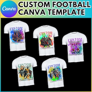 K&ouml;nnte beinhalten: F&uuml;nf wei&szlig;e T-Shirts mit bunten Aquarelldesigns, die Fu&szlig;ballspieler zeigen. Die Shirts haben den Text "CUSTOM" und "football" darauf. Der Text "Your text" und eine Nummer sind ebenfalls auf den Shirts.