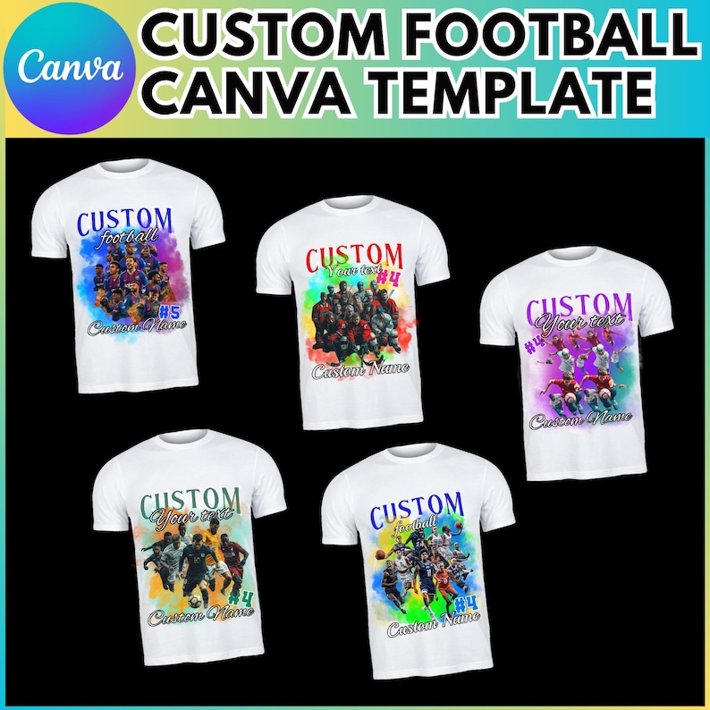 K&ouml;nnte beinhalten: F&uuml;nf wei&szlig;e T-Shirts mit bunten Aquarelldesigns, die Fu&szlig;ballspieler zeigen. Die Shirts haben den Text "CUSTOM" und "football" darauf. Der Text "Your text" und eine Nummer sind ebenfalls auf den Shirts.