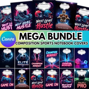May include: A mega bundle of composition sports notebook covers. The covers feature sports equipment and phrases like "Next Level Hustle", "Champion Mindset", and "Game On". The color scheme includes neon pink, blue, and green.