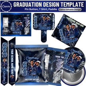 May include: A graduation design template featuring various items: a pin button, T-shirt, and paddle. The design includes the word "Grad" and the name "Jordan" in a blue and white color scheme. The template is customizable.