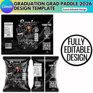 May include: Black graduation paddle design template with the text "GRADUATION GRAD PADDLE 2026 DESIGN TEMPLATE". The design includes a photo of a person, the name "Wilson 2026", and the word "Senior".