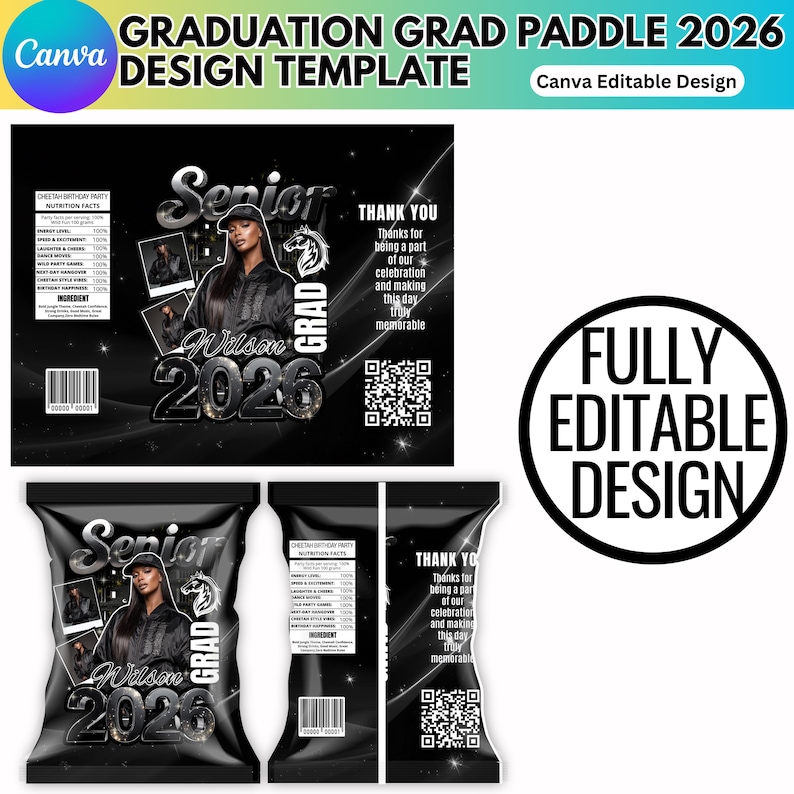May include: Black graduation paddle design template with the text "GRADUATION GRAD PADDLE 2026 DESIGN TEMPLATE". The design includes a photo of a person, the name "Wilson 2026", and the word "Senior".