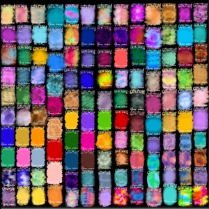 May include: A grid of colorful, abstract designs with the word "CUSTOM" at the top of each. Each design features a unique blend of colors and textures, with the text "Your name" in the center.