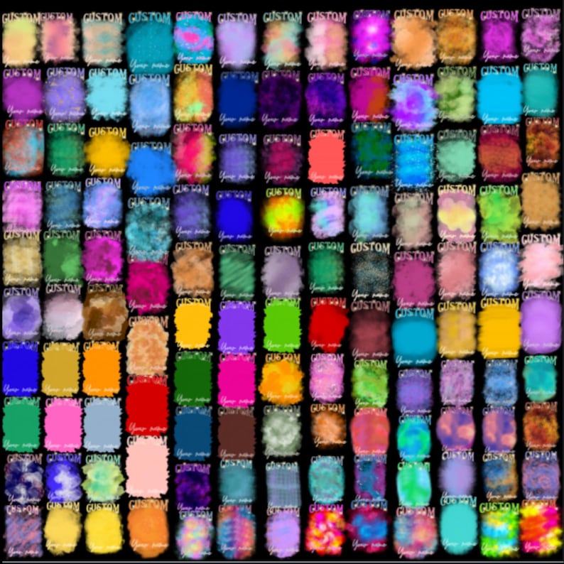 May include: A grid of colorful, abstract designs with the word "CUSTOM" at the top of each. Each design features a unique blend of colors and textures, with the text "Your name" in the center.