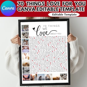 Plantilla editable de Canva con 70 cosas que te encantan, collage de fotos personalizado, 70 aniversario de mamá, 70 cosas sobre el cumpleaños de papá, descarga digital