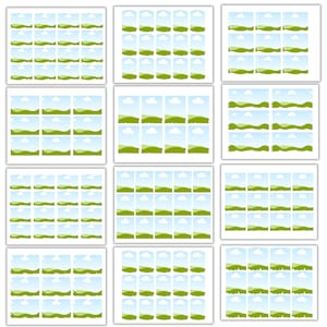May include: A collection of landscape illustrations featuring green hills, blue skies, and white clouds. Each illustration is a small, rectangular image, arranged in a grid pattern. The overall theme is nature and scenery.