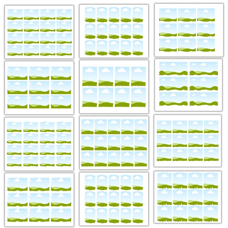 May include: A collection of landscape illustrations featuring green hills, blue skies, and white clouds. Each illustration is a small, rectangular image, arranged in a grid pattern. The overall theme is nature and scenery.