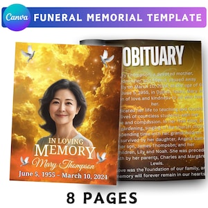 Yellow Funeral Program Canva Template, Obituary Design, Celebration Of Life Yellow, 8 Page Editable Memorial Booklet, Loving Memory