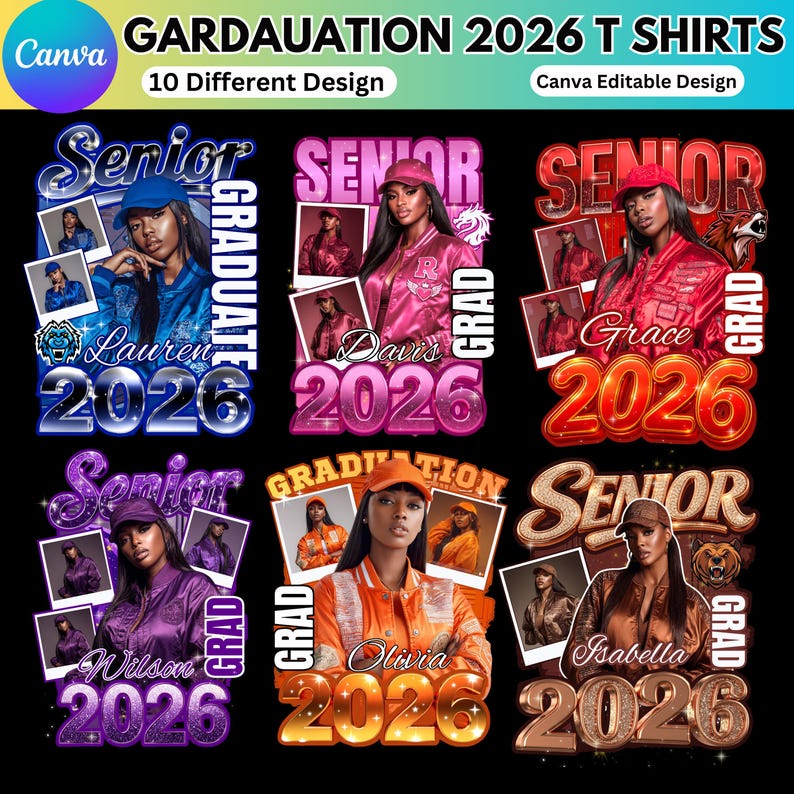 May include: A collection of graduation t-shirt designs for the class of 2026. Each design features a photo of a person, the word "Senior", the name, and the year 2026. The shirts have a variety of colors and styles.