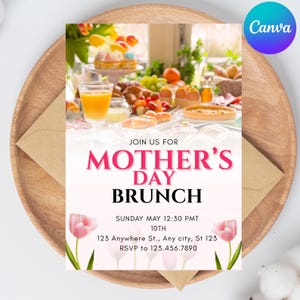 Carte d'invitation pour le brunch fête des mères, modèle modifiable sur toile, carte pivoine personnalisée, invitation au brunch fleurs, téléchargement numérique