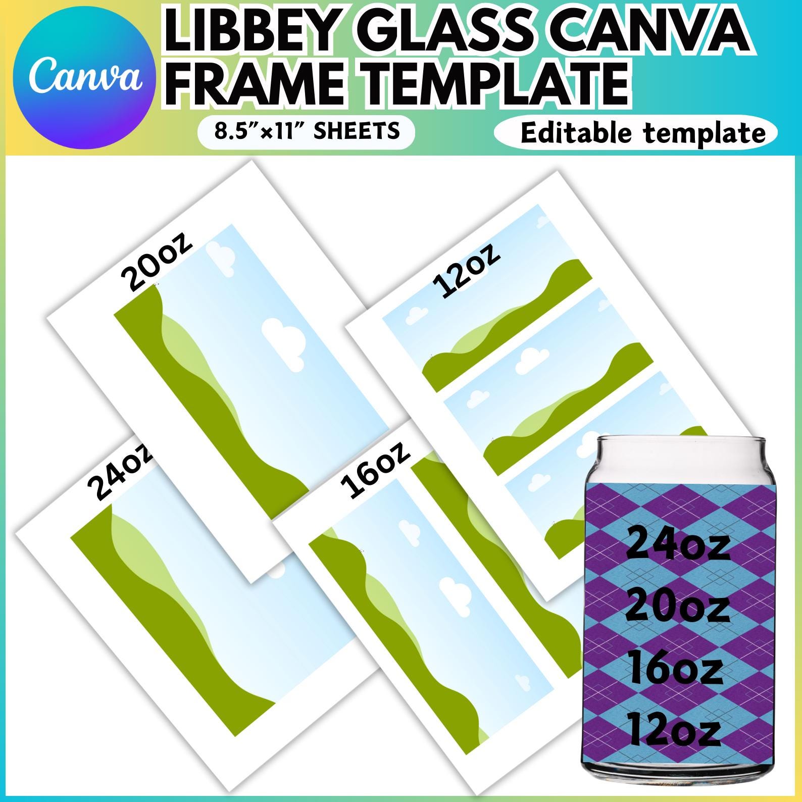 Glass Templete Libbey Glass Canva Editable Template, 12oz, 16oz, 20oz and 24oz Glass ...