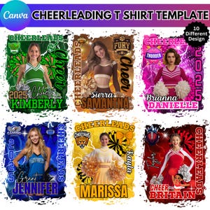 May include: A digital design template for cheerleading t-shirts. The image showcases six different designs, each featuring a cheerleader with text like "Cheer", team names, and individual names. The designs use various color schemes and graphics.