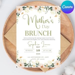 Carte d'invitation pour le brunch fête des mères, modèle modifiable sur toile, carte pivoine personnalisée, invitation au brunch fleurs, téléchargement numérique
