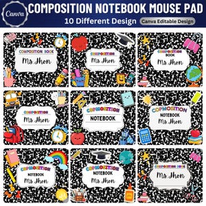 May include: A set of ten rectangular mouse pads featuring a black and white speckled composition notebook pattern. Each pad includes a white central label with the text "Composition Book" or "Composition Notebook" and "Ms. Jhon" alongside school-themed graphics.