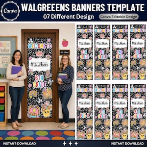 May include: A digital template for seven classroom door banners featuring a black and white composition notebook pattern. Each banner includes the text Welcome To, a space for a name, and grade levels from Pre-K to 6th Grade with colorful school supply graphics.