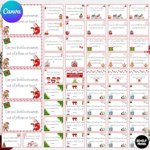 May include: A collection of Christmas-themed cards with various prompts and activities. The cards feature festive illustrations of Santa Claus, teddy bears, and Christmas trees, with text like "Can you build a snowman out of pillows or toys?"