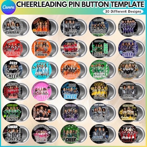 Può includere: Una collezione di 30 design di spille per cheerleader. Ogni spilla presenta una foto della squadra, l'anno 2025 e testo come "Leader", "Cheer" e nomi. Le spille sono rotonde con un retro in metallo argentato.