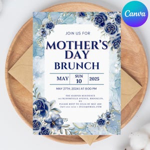 Carte d'invitation pour le brunch fête des mères, modèle modifiable sur toile, carte pivoine personnalisée, invitation au brunch fleurs, téléchargement numérique