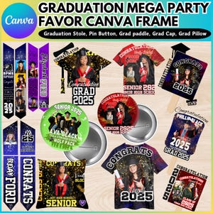 May include: A set of graduation party favors featuring a variety of personalized items, including a stole, pin button, paddle, cap, and pillow. The items are decorated with a black and gold color scheme and feature the graduate's name and graduation year.