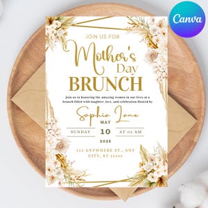 Carte d'invitation pour le brunch fête des mères, modèle modifiable sur toile, carte pivoine personnalisée, invitation au brunch fleurs, téléchargement numérique