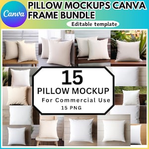 May include: A set of 15 white pillow mockups for commercial use. The mockups are displayed in various settings, including a wooden bench, a wooden table, and a wooden floor. The mockups are all high-quality and can be used to showcase your designs.