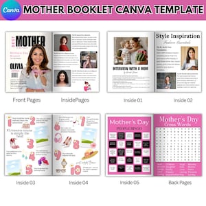 May include: A pink and black booklet template for Mother's Day. The front cover features a magazine-style layout with the title "Mother" and the date "12 May 2029". The inside pages include a variety of activities and games, such as a bingo card, crossword puzzle, and a list of 10 reasons why someone is the best.