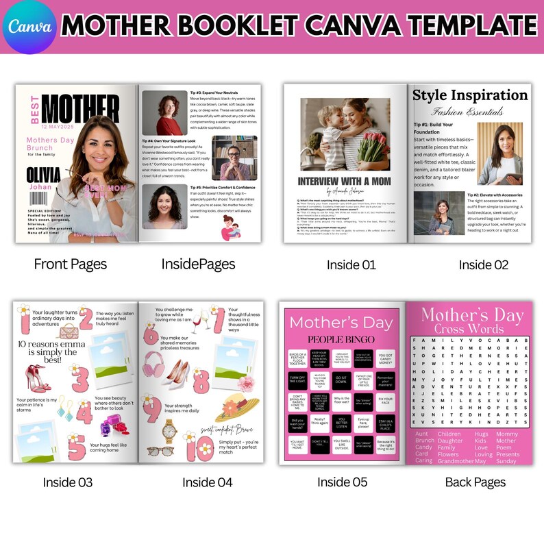 May include: A pink and black booklet template for Mother's Day. The front cover features a magazine-style layout with the title "Mother" and the date "12 May 2029". The inside pages include a variety of activities and games, such as a bingo card, crossword puzzle, and a list of 10 reasons why someone is the best.