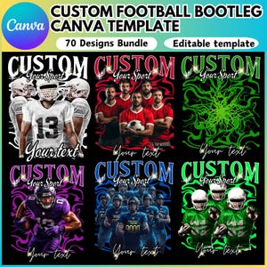 May include: A set of three customizable football-themed designs for t-shirts. Each design features a different background with the text "CUSTOM YOUR SPORT" and "Your text".