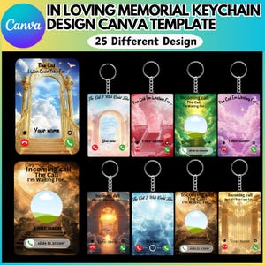May include: A set of 12 keychain designs featuring a phone screen with a call from heaven. The keychains feature a golden gate, clouds, and the text "The Call I Wish Could Take For..." and "Incoming call The Call I'm Waiting For..."