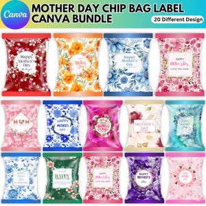 Pode incluir: Uma coleção de 12 etiquetas coloridas para sacos de batatas fritas com desenhos florais e o texto "Happy Mother's Day". As etiquetas apresentam vários arranjos florais em tons de vermelho, laranja, azul, rosa e roxo. O pacote Canva inclui 20 designs diferentes.