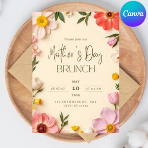 Carte d'invitation pour le brunch fête des mères, modèle modifiable sur toile, carte pivoine personnalisée, invitation au brunch fleurs, téléchargement numérique