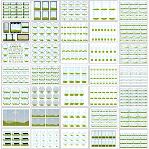 May include: A collection of digital illustrations featuring various landscape elements. The images include frames, clouds, grass, and other nature-themed graphics. The illustrations are in a cartoon style, with a focus on simplicity and clean lines.