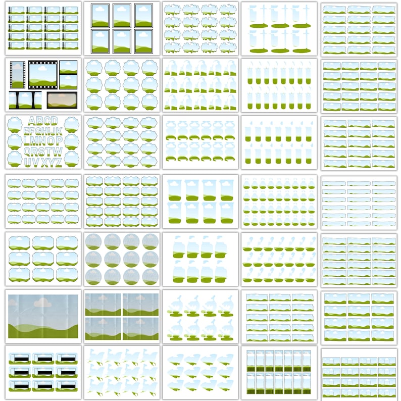 May include: A collection of digital illustrations featuring various landscape elements. The images include frames, clouds, grass, and other nature-themed graphics. The illustrations are in a cartoon style, with a focus on simplicity and clean lines.