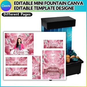 May include: A black mini fountain with a blue water feature and decorative stones. The image includes memorial templates with the name "Olivia", text "In Loving Memory Of", and dates. The text "EDITABLE MINI FOUNTAIN CANVA" is also visible.