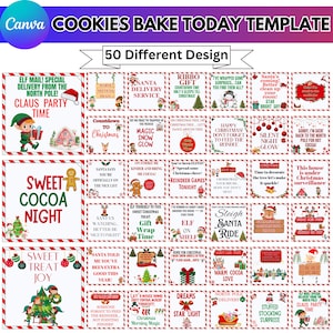 May include: A Canva template titled "COOKIES BAKE TODAY" with 50 different Christmas-themed designs. Each design features festive text and graphics, including elves, Santa, and holiday phrases like "Sweet Cocoa Night" and "Claus Party Time."