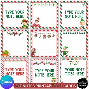 May include: Nine printable Elf Notes cards with red, green, and white striped borders. Each card has a white center with various Christmas-themed illustrations, including elves, holly, and ornaments. Text on the cards reads "TYPE YOUR NOTE HERE" and "YOUR NOTE GOES HERE".