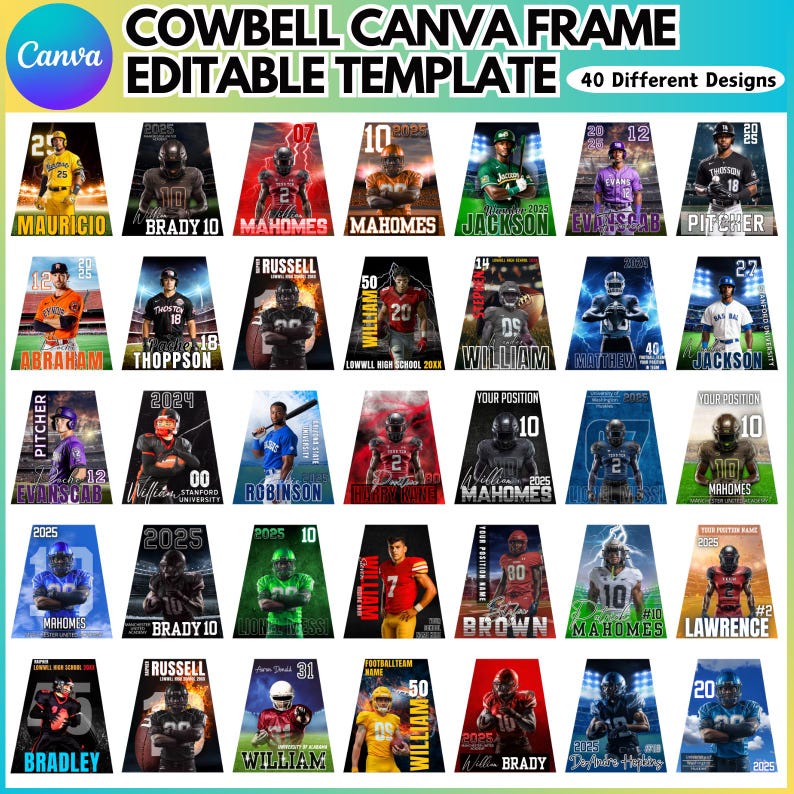 May include: A Canva template featuring 40 different designs. Each design showcases a football player with their name, number, and team. The templates are in a variety of colors and styles, with text that reads "COWBELL CANVA FRAME EDITABLE TEMPLATE".