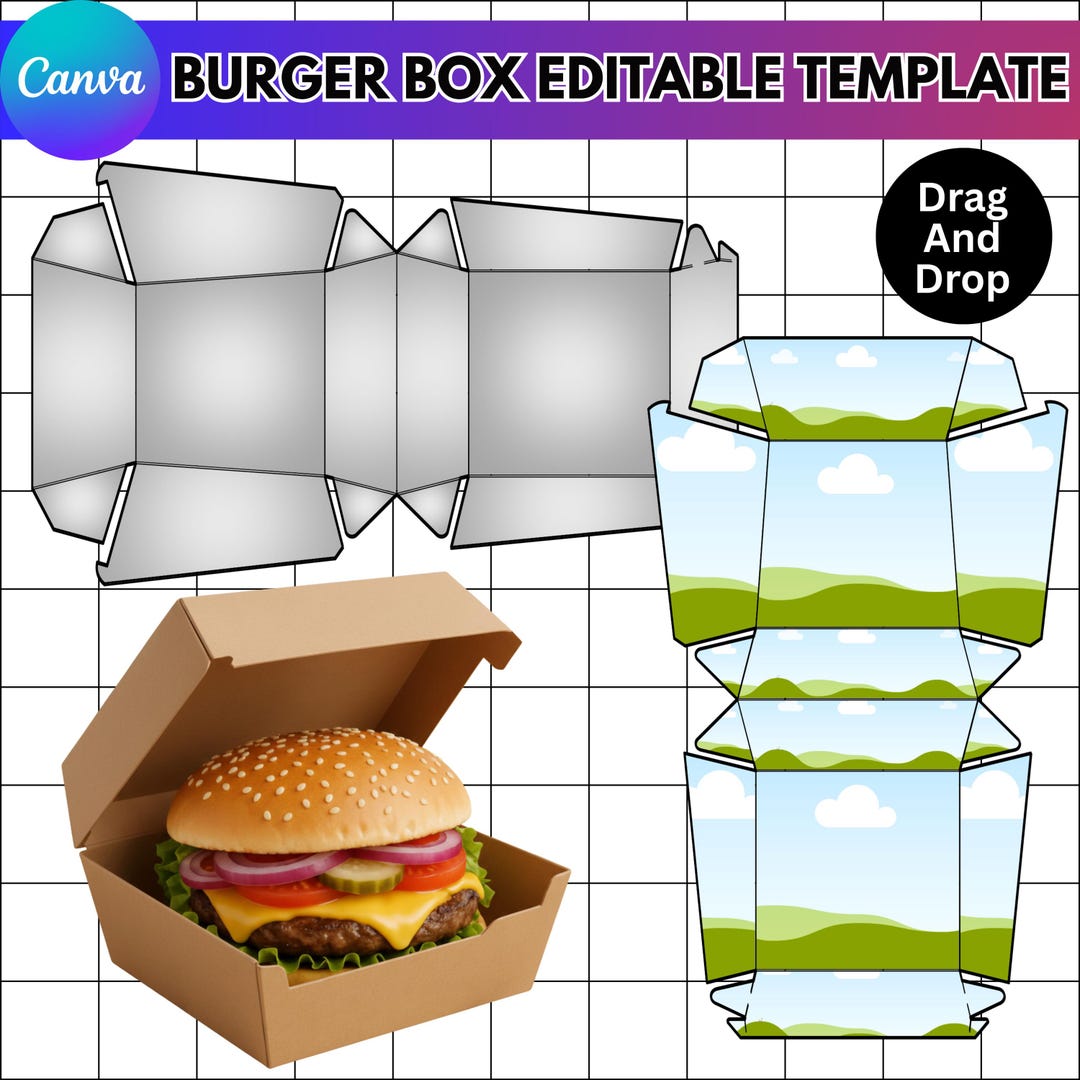 Hamburger Box Template, Cheeseburger Packaging, Snack & Fry Box Design ...