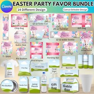 Puede incluir: Un paquete de recuerdos para fiestas de Pascua con 14 diseños diferentes. Los diseños incluyen bolsas de patatas fritas, latas de refresco, vasos, bolsas de regalo, camisetas, botones, botellas de agua y más. Cada diseño presenta gráficos temáticos de Pascua y el texto "Happy Easter".