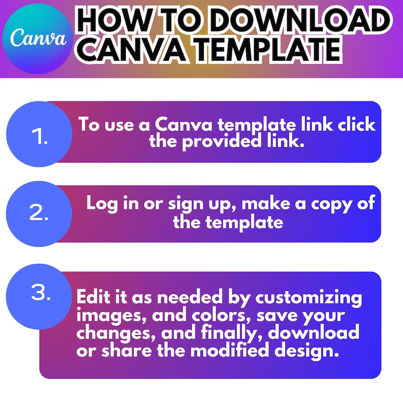 May include: An instructional graphic detailing how to download a Canva template. The image has a gradient background and the Canva logo. Steps are numbered and include clicking a link, logging in, and editing the template.
