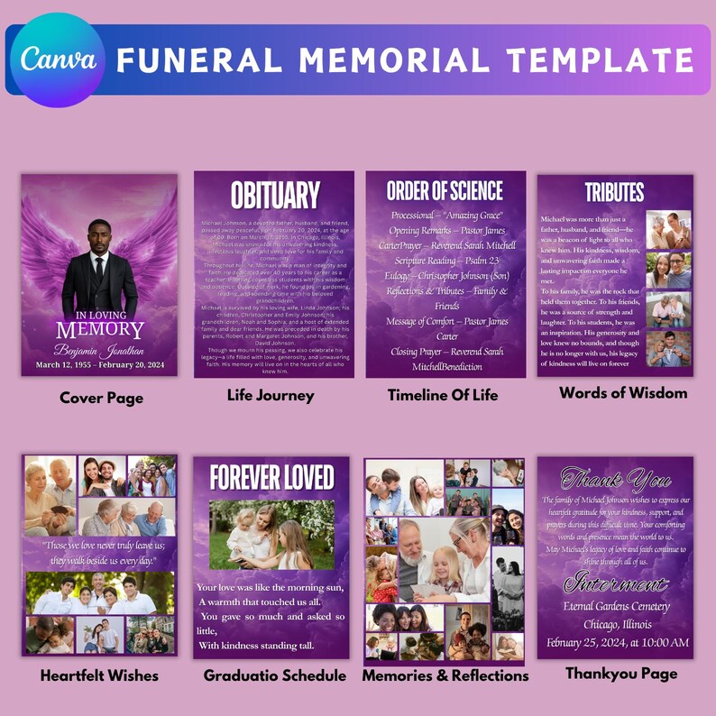 Purple Funeral Program Canva Template, Obituary Design, Celebration of ...