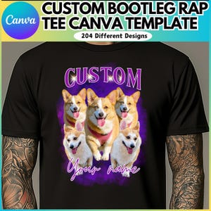 Pu&ograve; includere: Una maglietta nera con un design viola e bianco con quattro corgi e il testo "CUSTOM" e "Your name".
