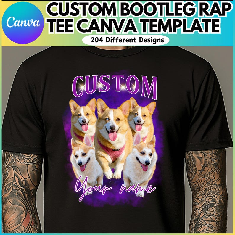 Pu&ograve; includere: Una maglietta nera con un design viola e bianco con quattro corgi e il testo "CUSTOM" e "Your name".