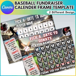 May include: A baseball-themed fundraiser calendar template with a red and white baseball graphic. The template has a grid with numbers 1-31 and the text "Pick a Date to Donate" and "Player Name".