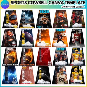 Peut inclure: Un modèle Canva présentant 20 designs différents pour des cloches de vache de sport. Chaque design comprend le nom, le numéro et les informations d'équipe d'un joueur, sur des arrière-plans dynamiques avec des images de football.