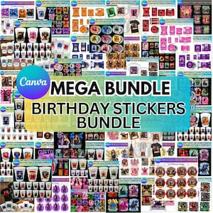 以下が含まれることがあります： 誕生日をテーマにした製品のコラージュ。ステッカー、シャツ、カップ、パーティーの記念品などがあります。画像には「MEGA BUNDLE BIRTHDAY STICKERS BUNDLE」というテキストとCanvaのロゴが表示されています。さまざまなデザインとテンプレートが表示されています。