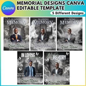 Peut inclure: Un modèle Canva présentant cinq modèles commémoratifs. Chaque modèle comprend un portrait, les mots "In Loving Memory" et un espace pour un nom et des dates. Les modèles ont un arrière-plan de coucher de soleil et de nuages.
