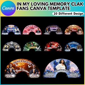 May include: A Canva template design featuring 20 different fan designs with memorial themes. Each fan design includes a photo, dates, and phrases like "In Loving Memory" and "Forever in Our Heart."